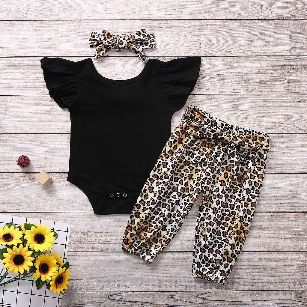 Infant Baby Girls Clothes Solid Onesie and Leopard Romper with Bow set